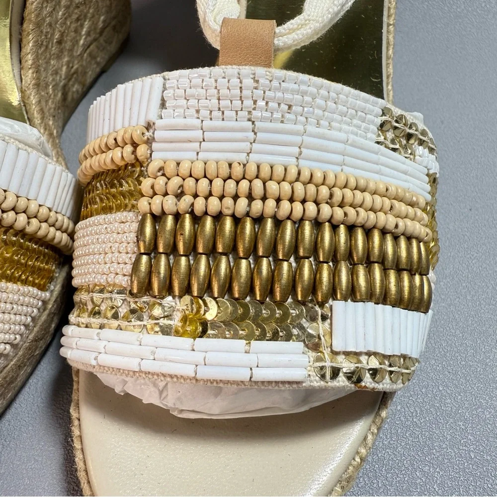 Donald J. Pliner New Elsa Cream and Gold Beaded Wedge Espadrille Sandles